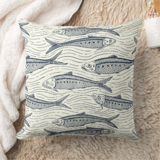 Sardines in Motion in navy and ivory Throw Pillow