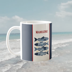 Sardines Lemons Patchwork Quilted Coastal Monogram Coffee Mug