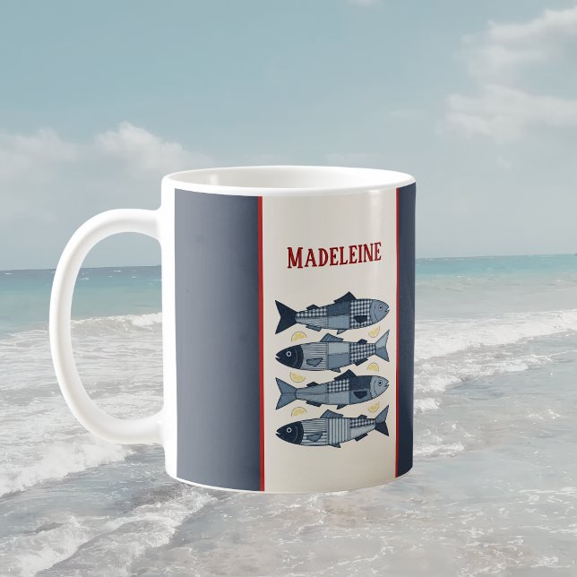 Sardines Lemons Patchwork Quilted Coastal Monogram Coffee Mug (Creator Uploaded)