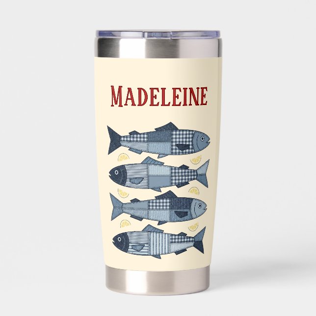 Sardines Lemons Patchwork Quilted Coastal Monogram Insulated Tumbler (Back)