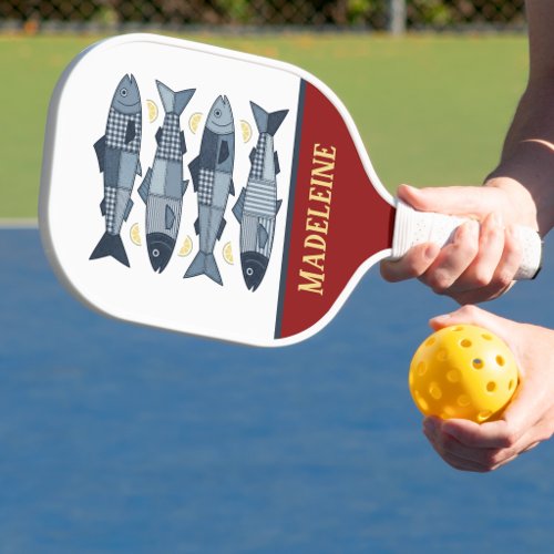 Sardines Lemons Patchwork Quilted Coastal Monogram Pickleball Paddle