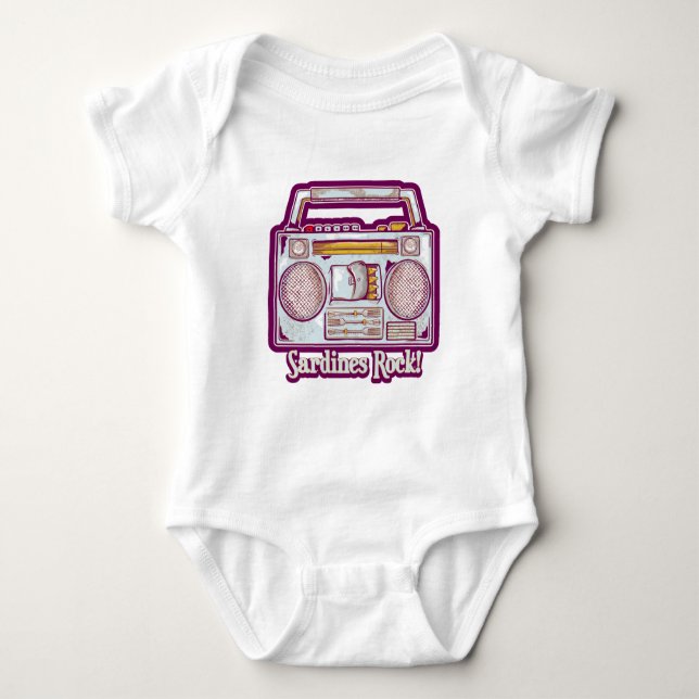 Sardines Rock Funny 80's Stereo Baby Bodysuit (Front)