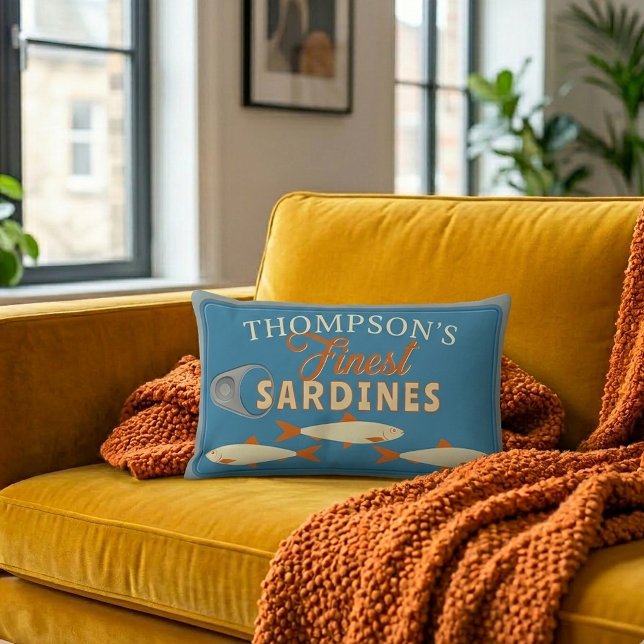 Sardines Tinned Fish Personalized Lumbar Pillow (Fun Personalized Sardines Tinned Fish Lumbar Pillow adds a pop of color and retro style to your sofa)