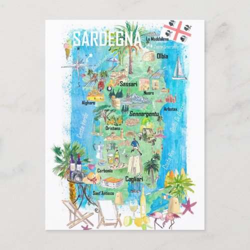 Sardinia Illustrated Travel Map  Postcard