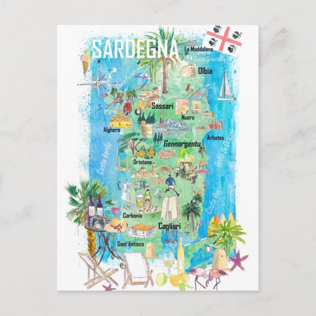 Sardinia Illustrated Travel Map  Postcard (Front)