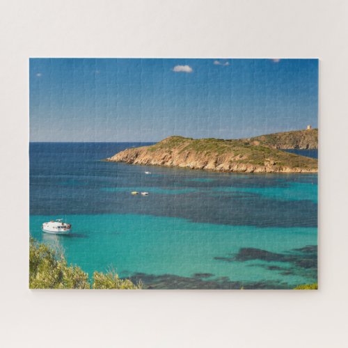 Sardinian blue sea and sky with boats and cliff jigsaw puzzle