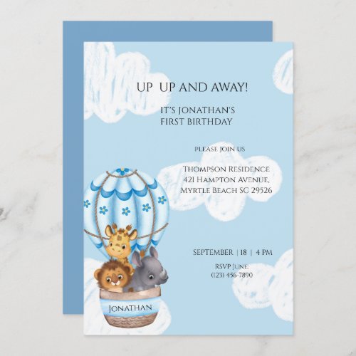 Sarfari Animal Hot Air Balloon Boys First Birthday Invitation