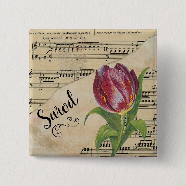 Sarod Elegant Tulip Vintage Sheet Music Button (Front)