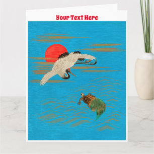 Sarus crane flying above turtle in the sea card