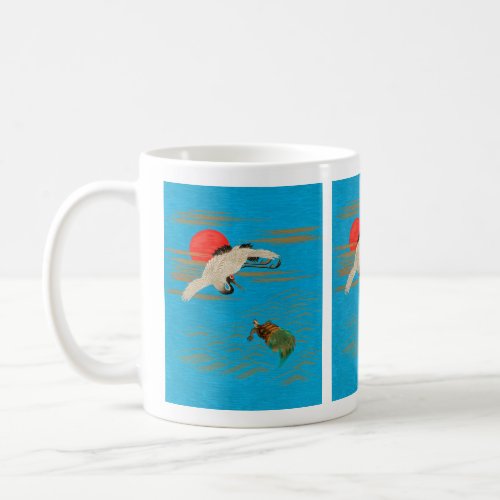 Sarus crane flying above turtle in the sea coffee mug
