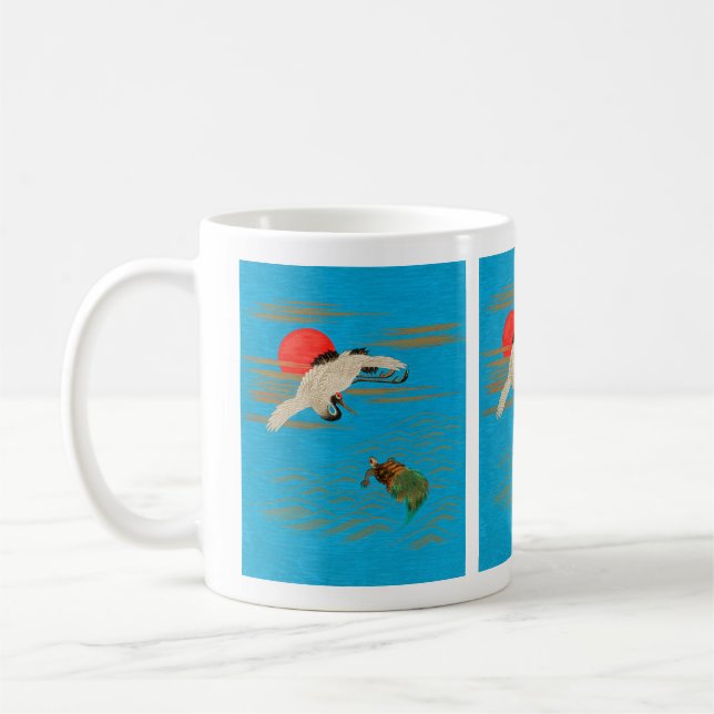 Sarus crane flying above turtle in the sea coffee mug (Left)