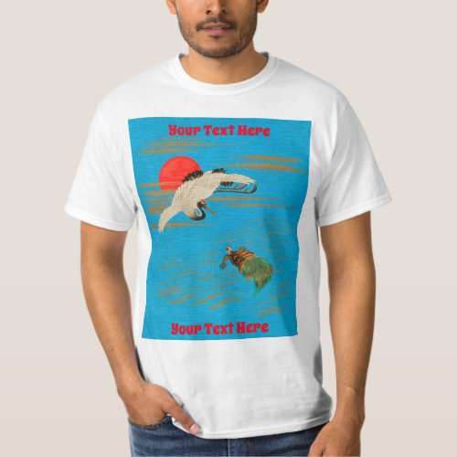Sarus crane flying above turtle in the sea T_Shirt