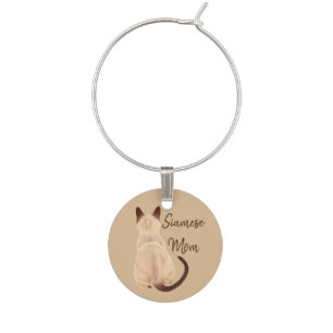 Sasha Siamese Cat Lover Kitty Looking Away Drawing Wine Charm