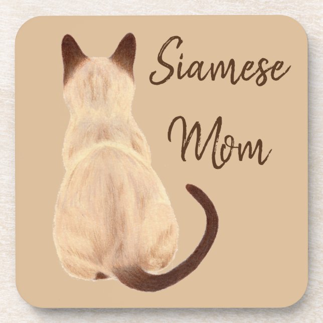 Sasha Siamese Cat Mom Kitty Looking Away Drawing Beverage Coaster (Front)