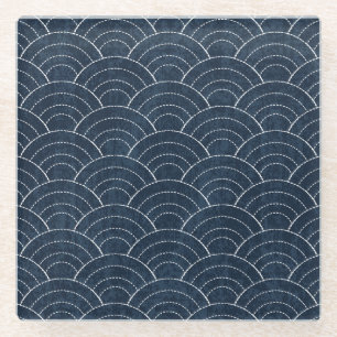 Sashiko Embroidery: Indigo Japanese Pattern. Glass Coaster