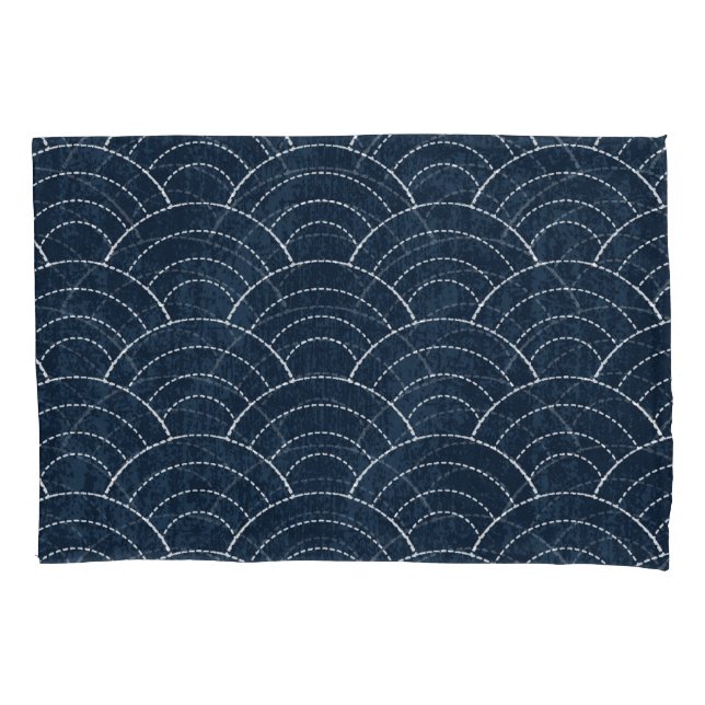 Sashiko Embroidery: Indigo Japanese Pattern. Pillow Case (Front)