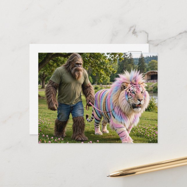 Sasquatch and a Cute Mythical Pet Big Cat Postcard (Front/Back In Situ)