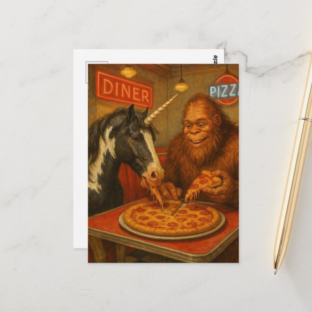 Sasquatch and a Unicorn Eating Pizza Postcard (Front/Back In Situ)