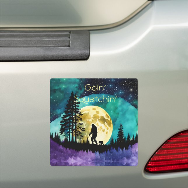 Sasquatch and Bear on the mountain Goin Squatchin Car Magnet (In Situ)