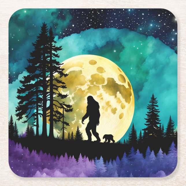 Sasquatch and Bear on the mountain *personalize* Square Paper Coaster (Front)