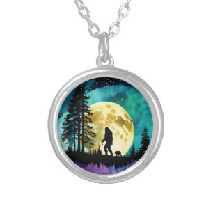 Sasquatch and Bear on the mountain Silver Plated Necklace