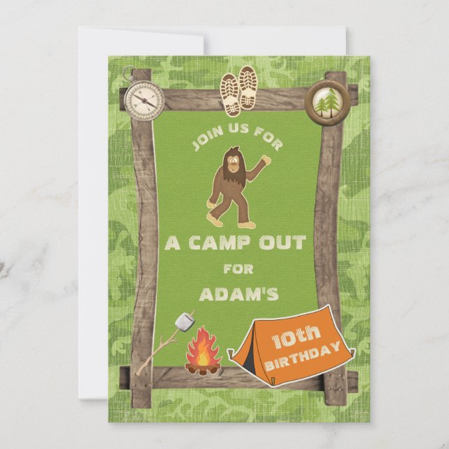 Sasquatch and Camo Camp Out Birthday Party Invitation (Front)