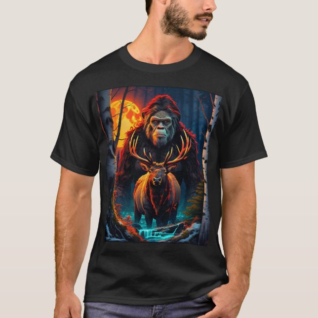 Sasquatch and Elk Moonlit Hunt  T-Shirt (Front)