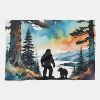 Sasquatch and his pet bear kitchen towel