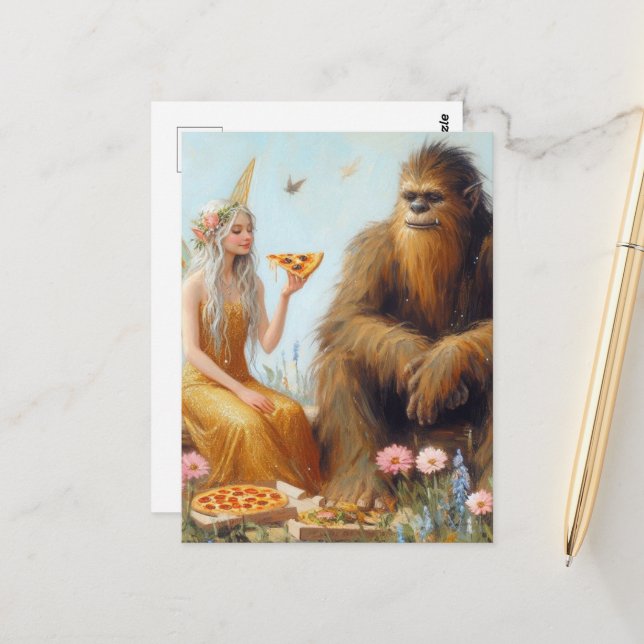 Sasquatch and the Fairy Pizza Date Postcard (Front/Back In Situ)