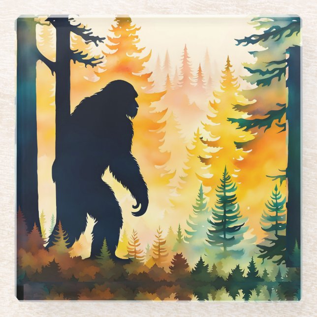 Sasquatch Autumn Landscape Sunset Glass Coaster (Front)