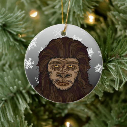 Sasquatch Bigfoot and Snowflakes Christmas Ceramic Ornament