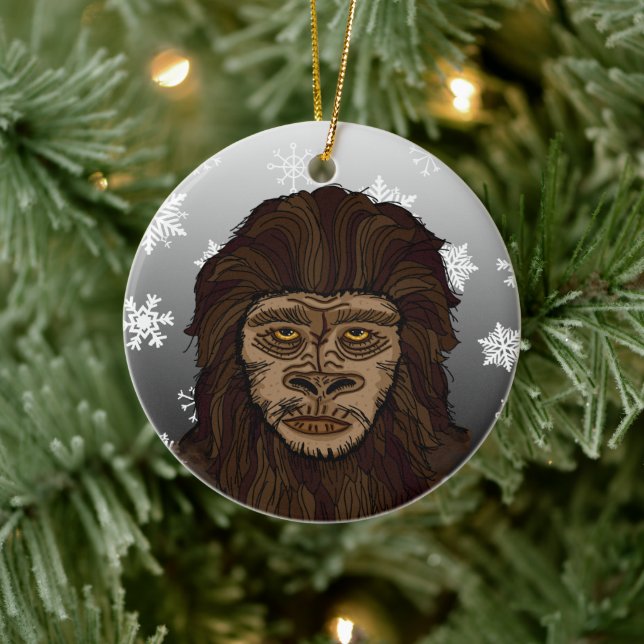 Sasquatch Bigfoot and Snowflakes Christmas Ceramic Ornament (Tree)
