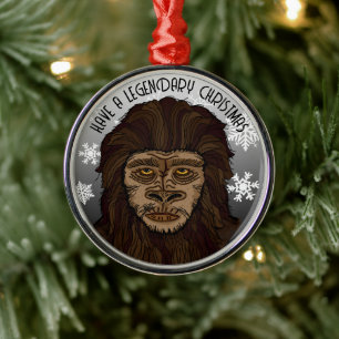 Sasquatch Bigfoot and Snowflakes Christmas Metal Ornament