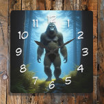 Sasquatch Bigfoot Believers Square Wall Clock<br><div class="desc">Sasquatch of Bigfoot walking in the woods between tall pine trees clock.</div>