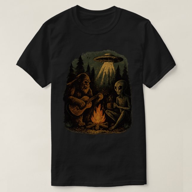 Sasquatch Bigfoot Guitar And Alien Campfire UFO T-Shirt (Design Front)