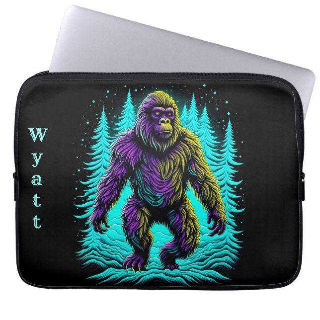 Sasquatch Bigfoot in Teal and Black Personalized Laptop Sleeve (Front)
