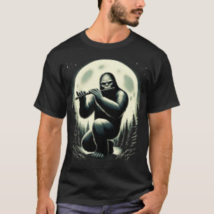 Sasquatch Bigfoot Playing Flute on Full Moon T-Shirt