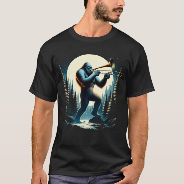 Sasquatch Bigfoot Playing Trombone on Full Moon T-Shirt (Front)