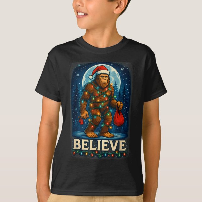 Sasquatch Christmas Lights Holiday Believe  T-Shirt (Front)
