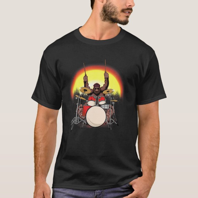 Sasquatch Drummer Art Bigfoot Playing Drums Rockin T-Shirt (Front)