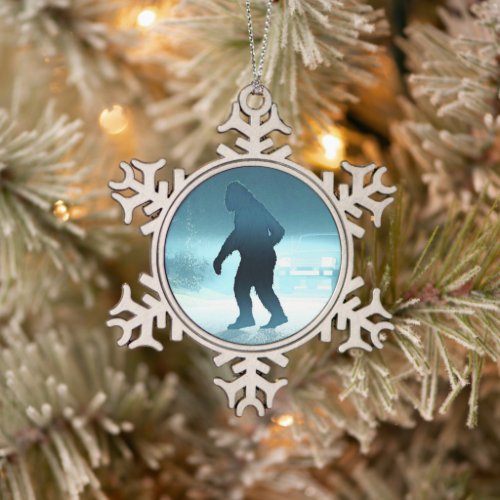 Sasquatch Encounter Snowflake Pewter Christmas Ornament