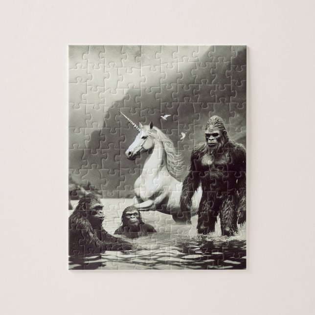 Sasquatch family and a unicorn jigsaw puzzle (Vertical)