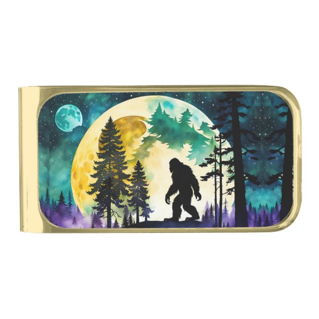 Sasquatch Full moon Gold Finish Money Clip (Front)