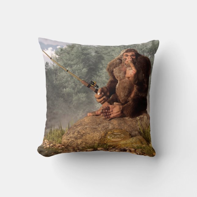 Sasquatch Goes Fishing Throw Pillow (Front)