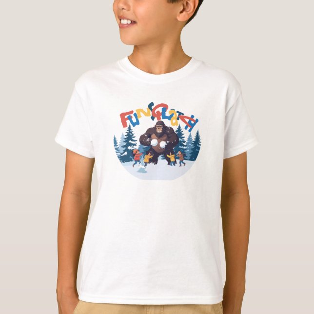 Sasquatch having a snow ball fight with kids T-Shirt (Front)