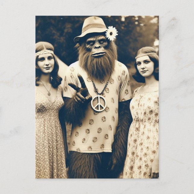 Sasquatch Hippie Sepia With Two Women Postcard (Front)