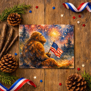 Sasquatch Holding American Flag July 4th Fireworks Postcard