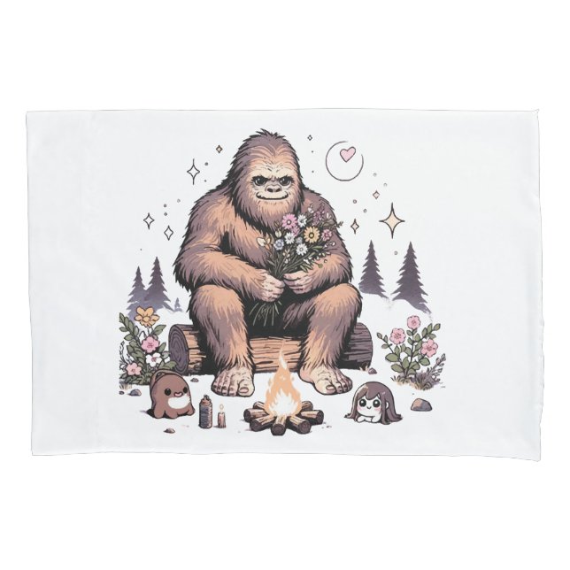 Sasquatch Holding Flowers Pillow Case (Front)