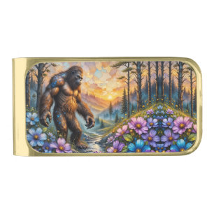 Sasquatch in Floral Mountain valley Gold Finish Money Clip