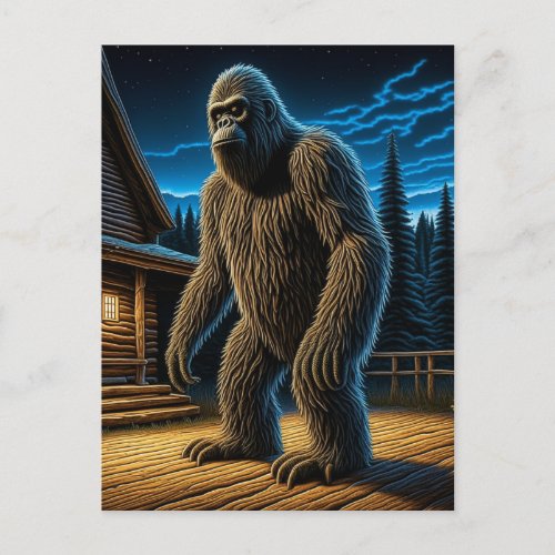 Sasquatch in front of Log Cabin in the Woods Postcard
